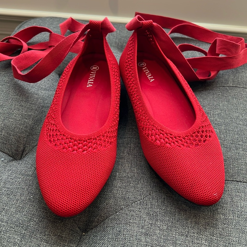 New, red, ankle wrap Vivaia flats size 37.5